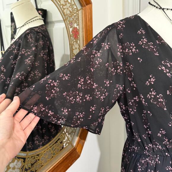 Twik by Simons Black & Pink Floral Pattern Flutter Sleeve Dark Femme Maxi Dress - Picture 3 of 8